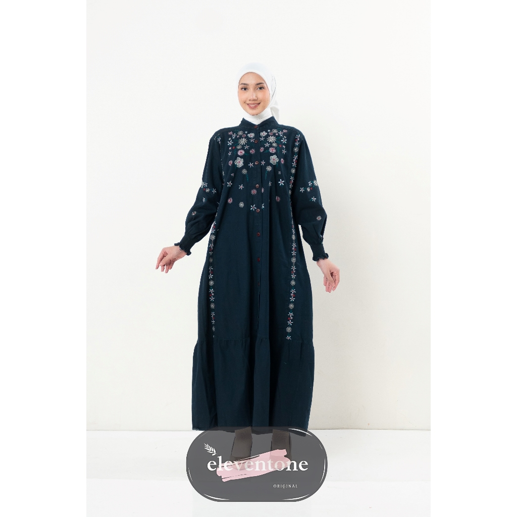Nayra Gamis Jeans Bordir Mewah Dress Pesta Kondangan Elegant Gamis Busui Friendly Dress Jeans