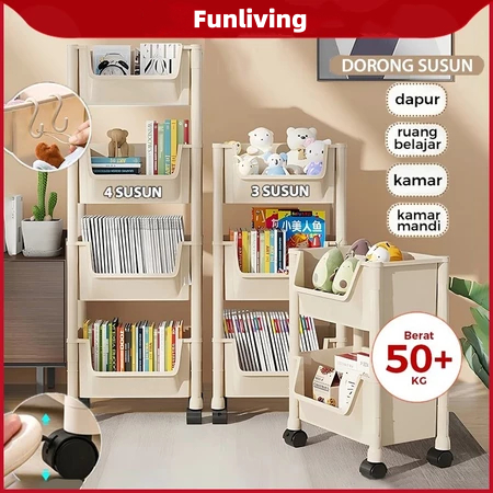 Rak Susun Serbaguna 4 Tingkat dengan Roda | Rak Buku Mainan Dapur Kamar Mandi-PBR-Q