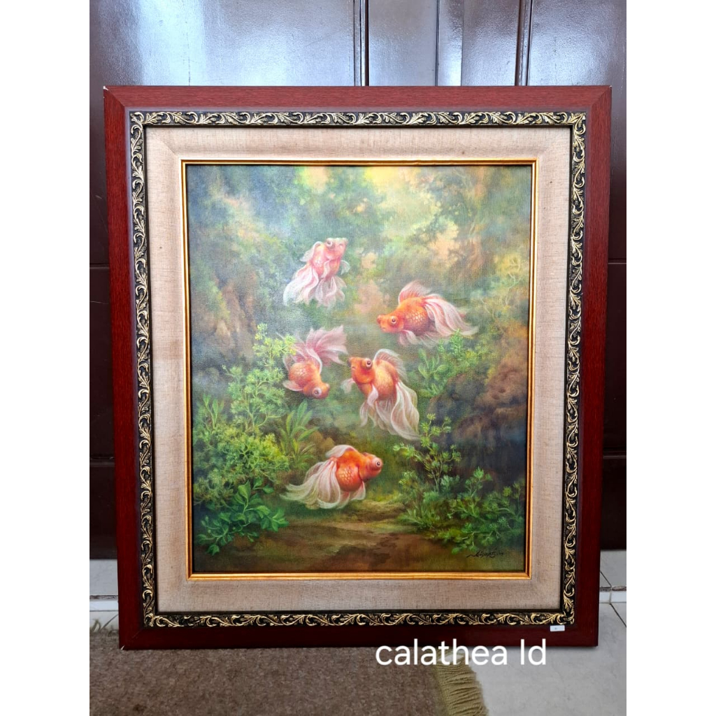 Lukisan Realis Lima Mas Koki/ Dekorasi Dinding Lukisan Pigura Ikan Mas Koki/ Pajangan Estetik Ikan M