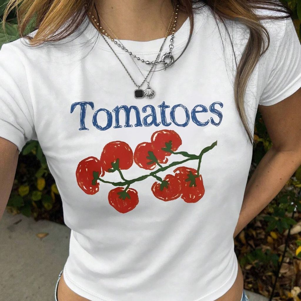 Tomatoes Kaos Crop Top Kekinian Lengan Pendek Motif Simple Dtf Bahan Katun Lengan Pendek