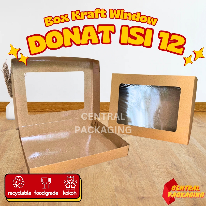 Central Packaging - Box Donat isi 12 Kraft Laminasi Tutup Window 290 gsm 37x27x5 / Kotak Kue Hampers