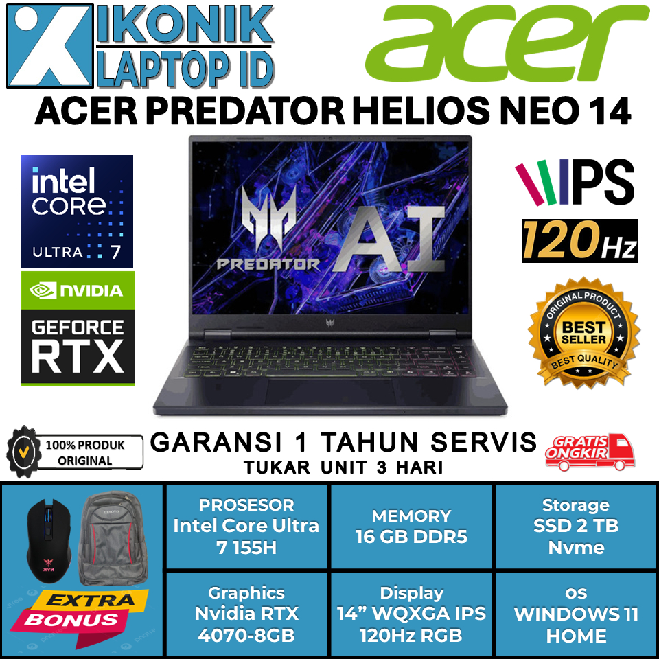 Laptop Gaming Acer Predator Helios Neo 14 Intel Ultra 7 155H Nvidia RTX 4070-8GB Ram 16 GB Ssd 1 TB
