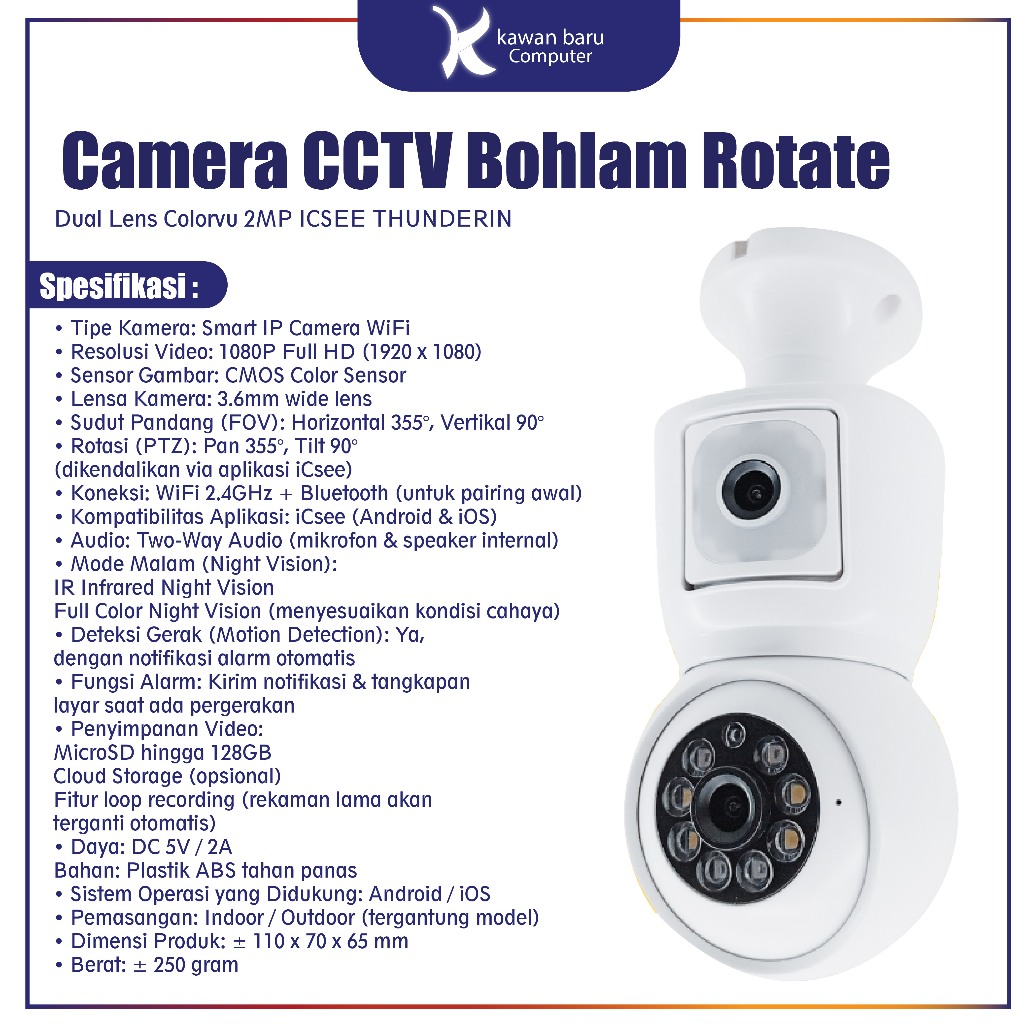 Camera CCTV Bohlam Rotate Dual Lens Colorvu 2MP ICSEE THUNDERIN BDG