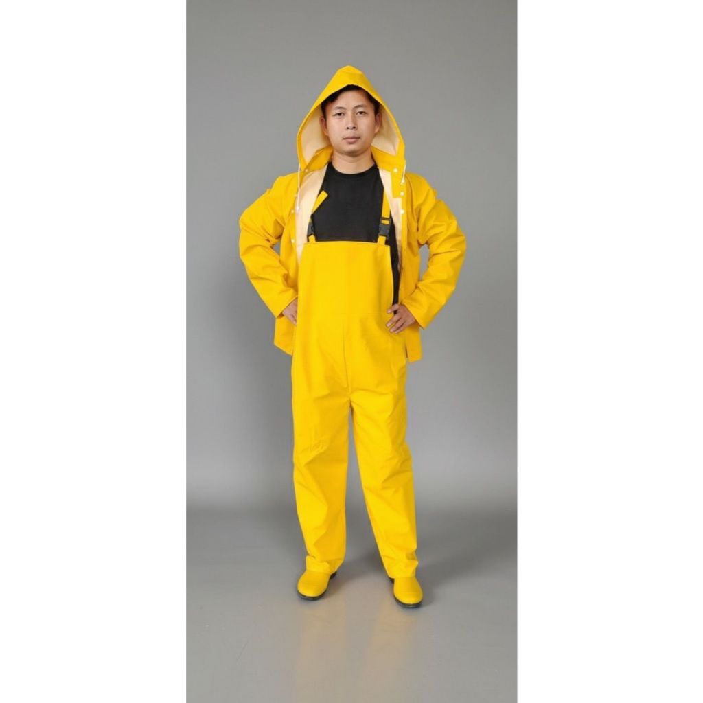 Morata WearPack Safety Wear Pakaian Kerja Pelindung PVC Anti Air Jumpsuit Pelindung Air Overall Jaket Celana Baju Nelayan Hujan Cairan Dapur Pabrik Industrial Tambang APD Pekerja Laut Basah Baju Jaket Jubah Keselamatan XL Titan Kuning Setelan Suspender