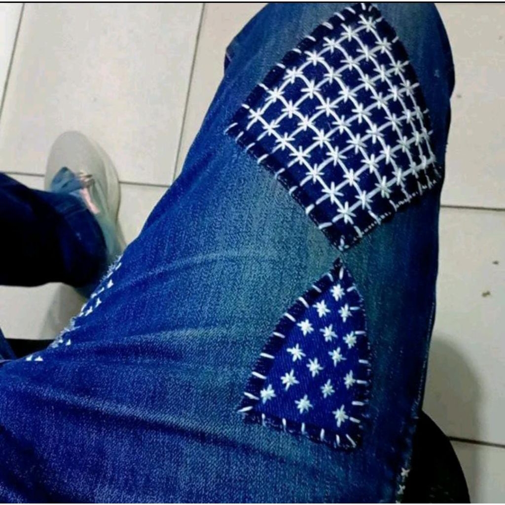 Sashiko patch denim tambalan celana motif sashiko keren bahan blue jeans tebal 10oz