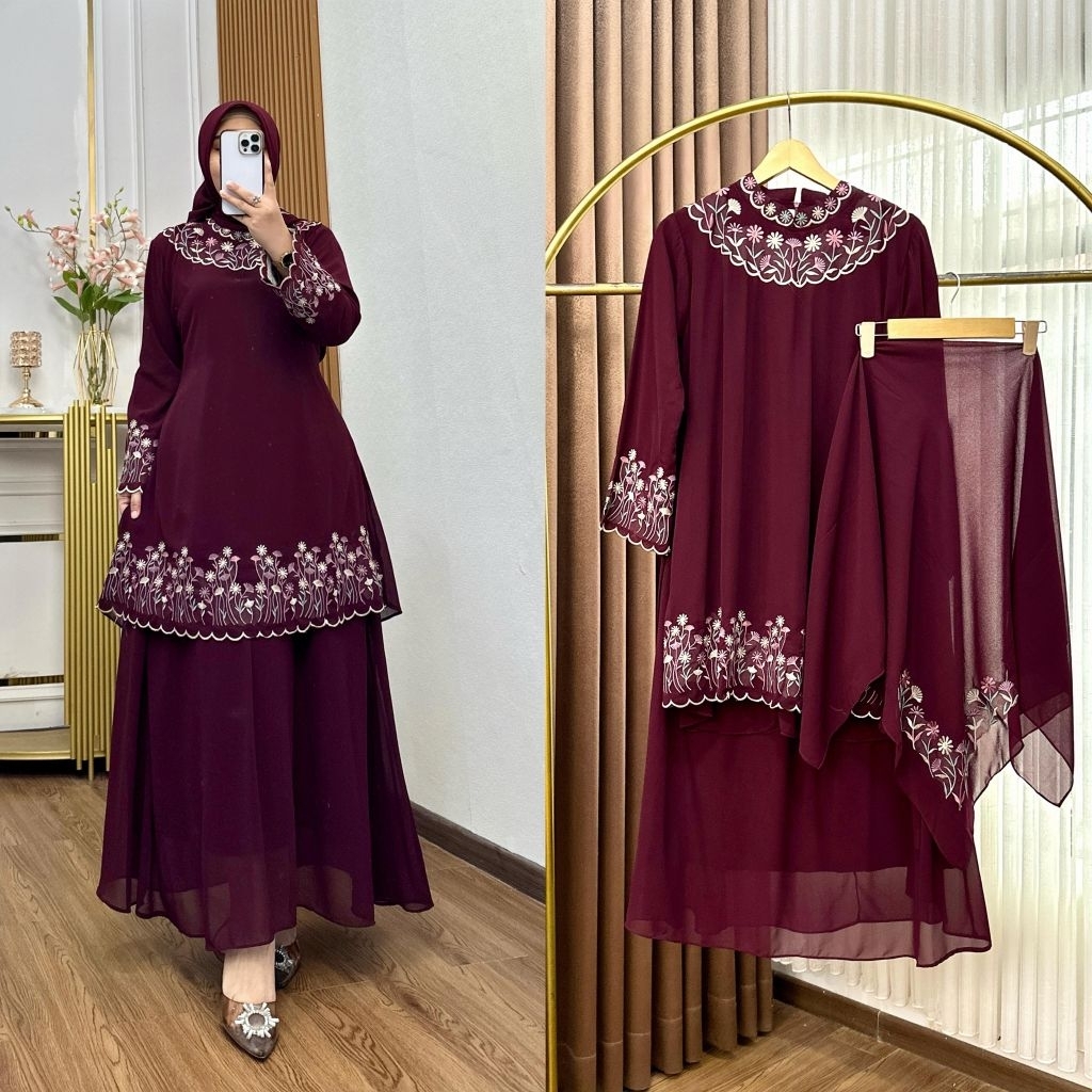 Zifa Fashion || Cod || Guzel Set Rok Malay Cruty Bordir Virall Siap Kirim || Setelan Rok Free Hijab 