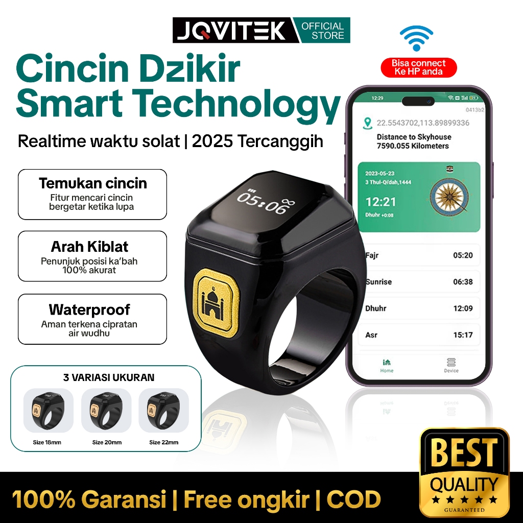 Jqvitek Smart Ring Zikir Cincin Tasbih Digital LED Display Bluetooth & Tahan Air - SR01