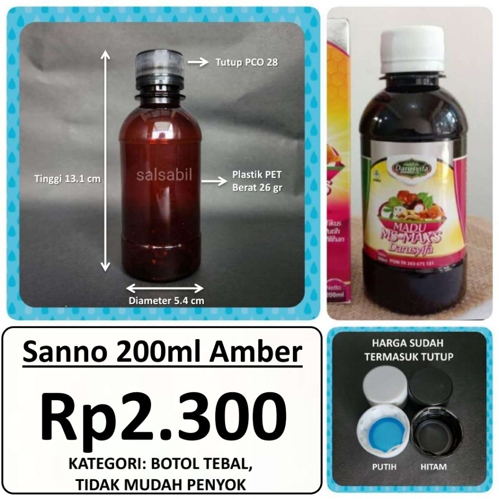 Botol Sanno 200ml Amber / botol madu 200ml / botol plastik amber