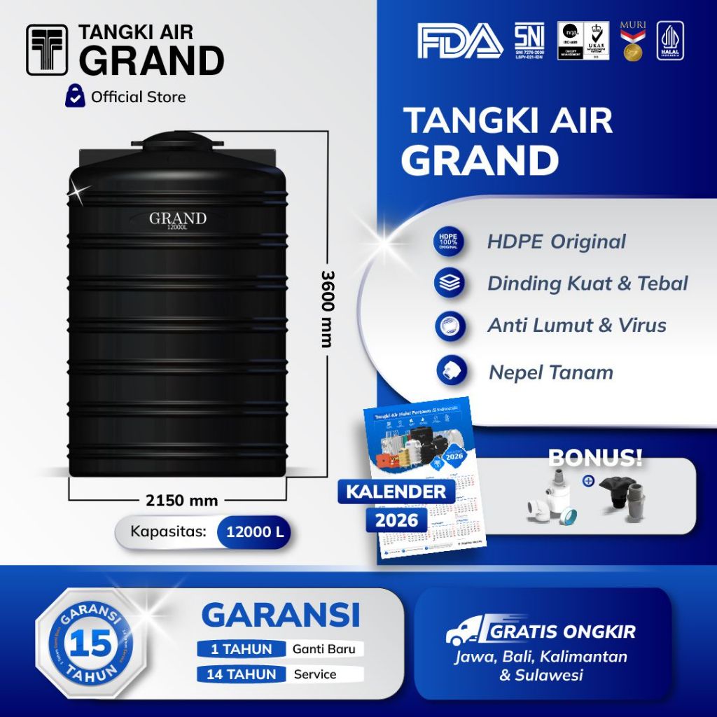 Grand Tandon Toren Tangki Air 12000 L Anti Lumut Garansi 15 Tahun