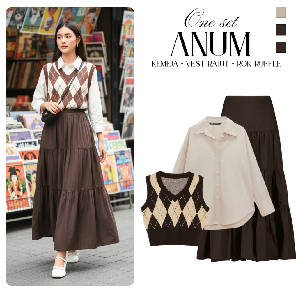 Ootd Choco Aesthetic Set Wanita Kekinian Modis ( Vest Rajut+ Kemeja+ Rok Ruffle) One Set Remaja Anum