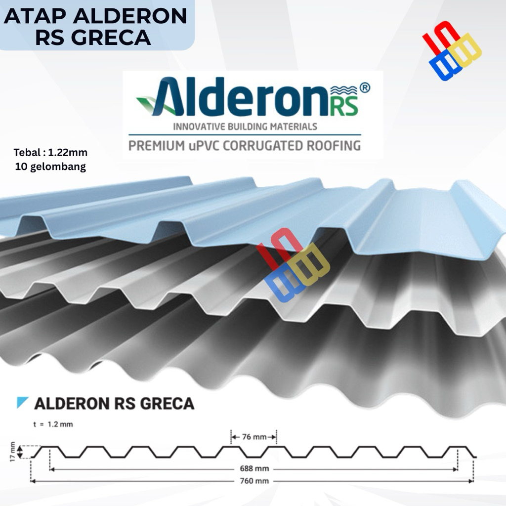 Atap ALDERON TYPE RS GRECA Tebal 1.2mm 1 Lapis / ALDERON Single Layer Blue Doff White Doff Atap UPVC