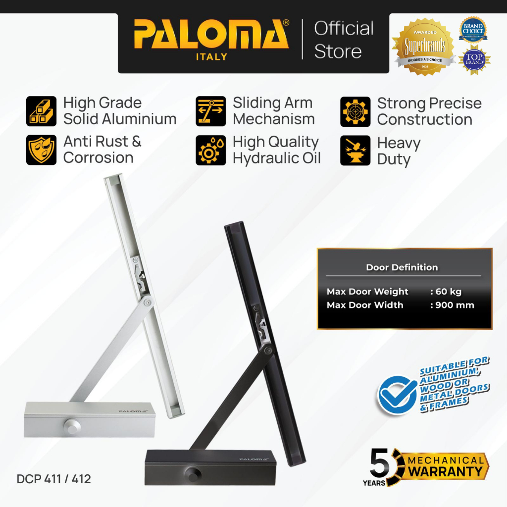 PALOMA Door Closer Penutup Penahan Pintu Otomatis Hydraulic Hidrolik Sliding Arm Aluminium Chrome Kr
