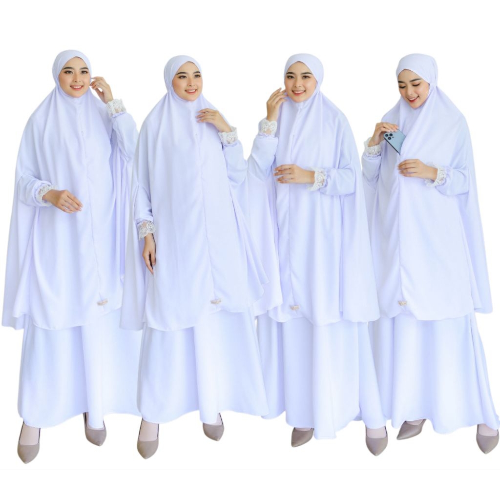 Khalifah  Set Gamis Umroh Gamis Putih Jilbab Saku Khimar Tangan
