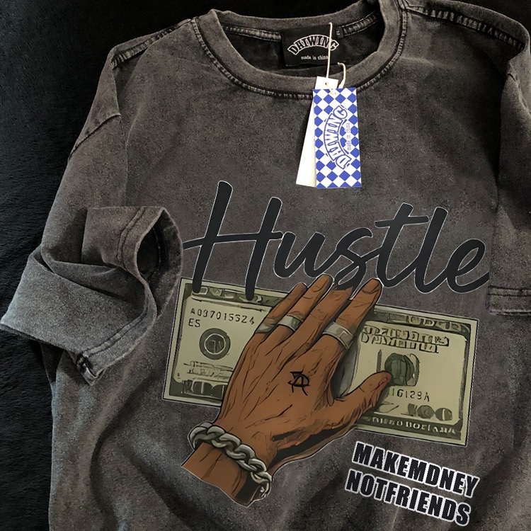 Disneay Baju Kaos Pria | Hustle Uang Kertas Satu Dolar Tangan Street Style Graffiti Kaos Washed | Am