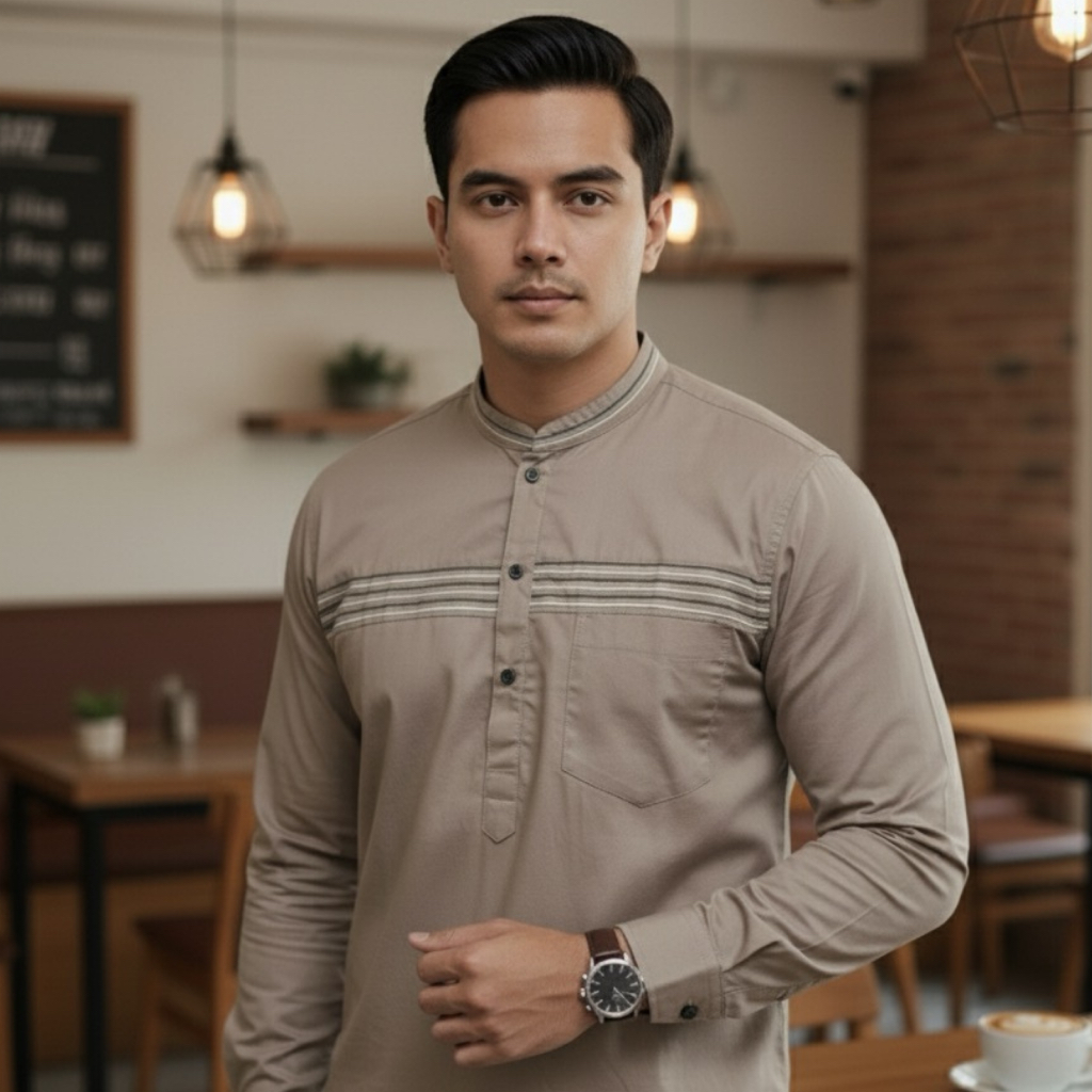 Kemko Pria Lengan Panjang Warna Coklat Bahan Katun Premium Motif MH Elrumi