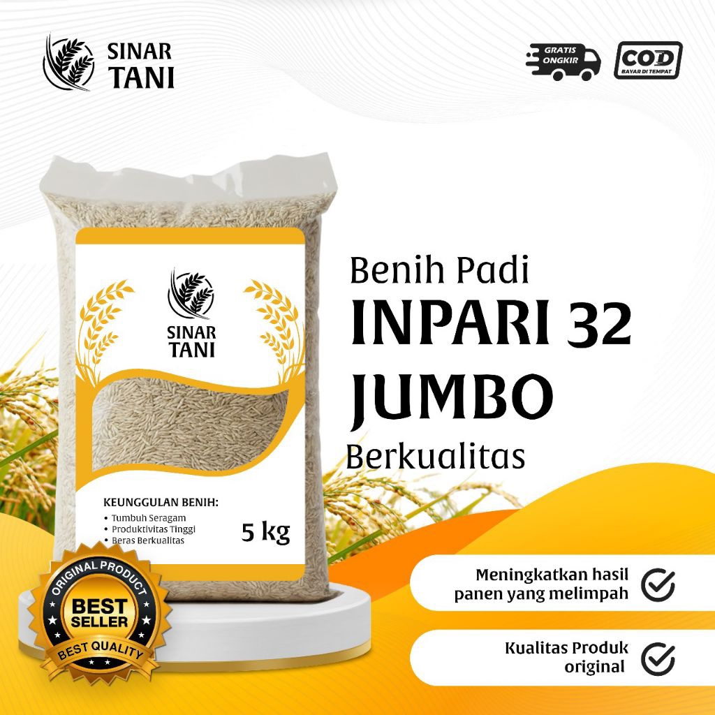 Benih padi unggul inpari 32 jumbo kemasan 5kg premium