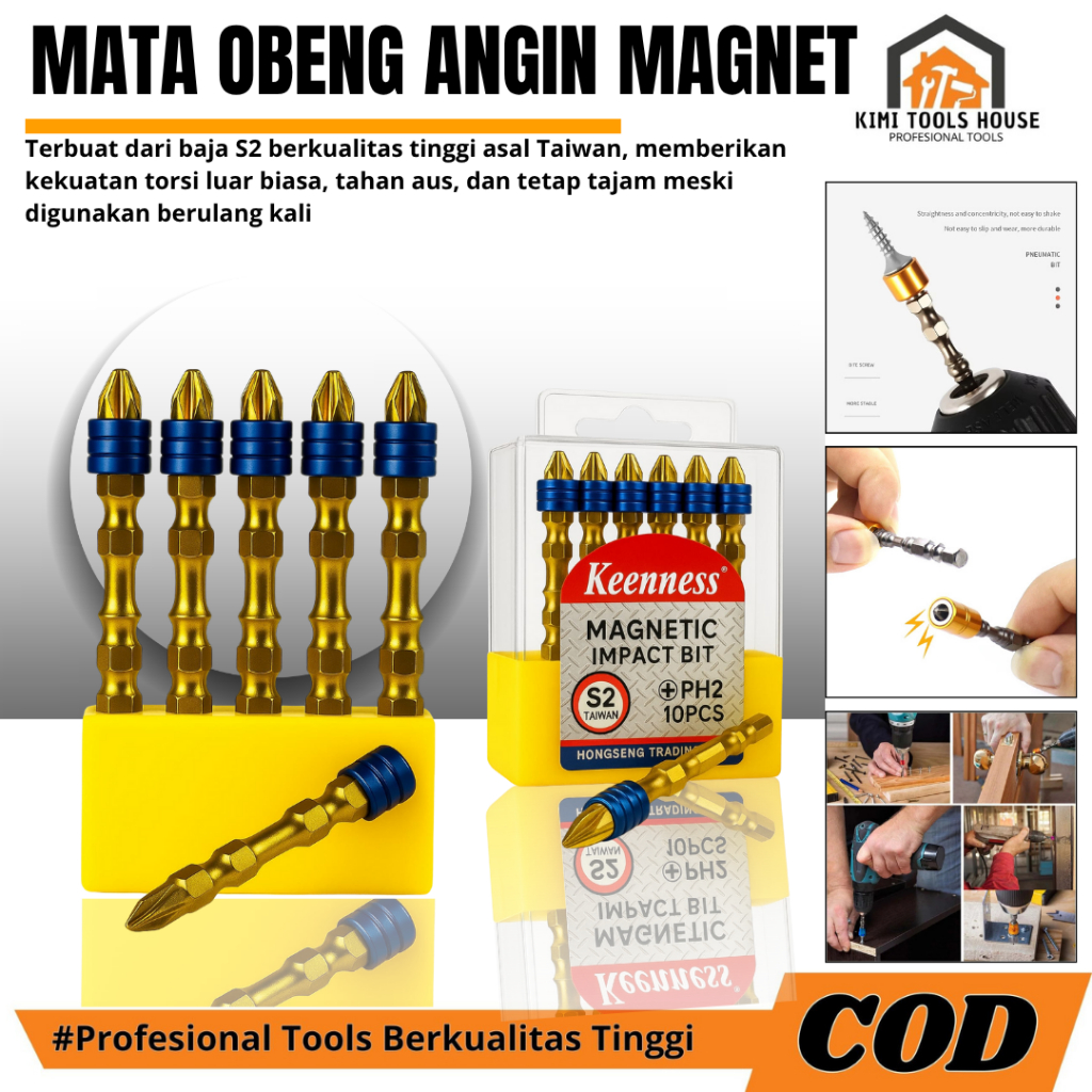 Mata Obeng Angin Magnetik 1/4 Inch PH2 x 65mm / Mata Bor Obeng Magnet Kuat Magnetik Anti-slip Cross 