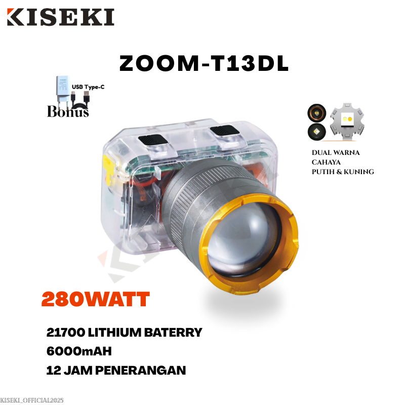 Kiseki Senter Kepala CK-ZOOM 13DL & CK-ZOOM T13DL 250WATT/ 280WATT Dual Warna Cahaya Putih Dan Kunin