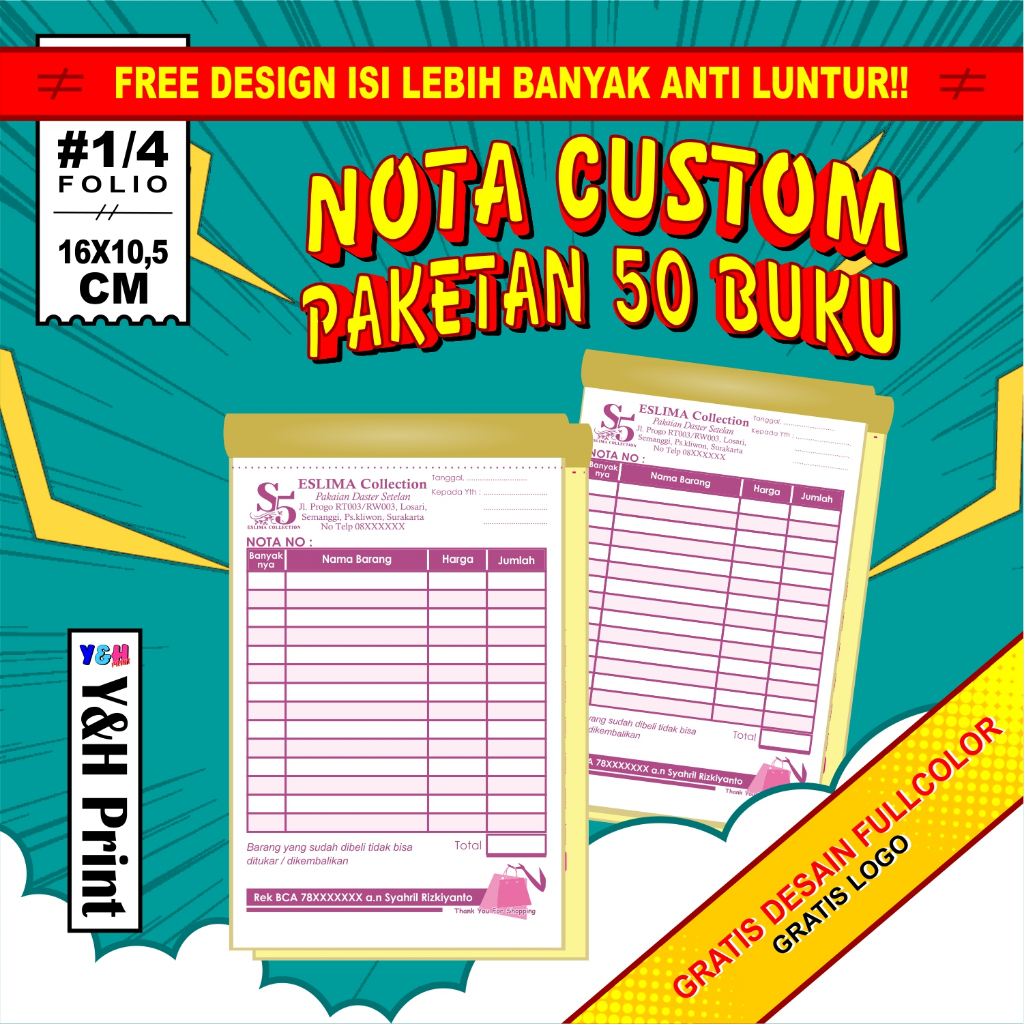Cetak Nota Invois invoice Custom 1/4 Paketan 50 Buku /Y&H Print