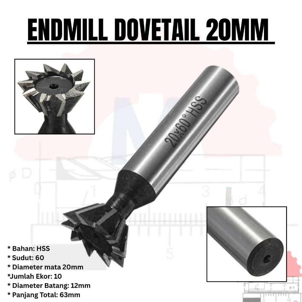Dovetail End mill 60degree 20mm endmill ekor burung grooving