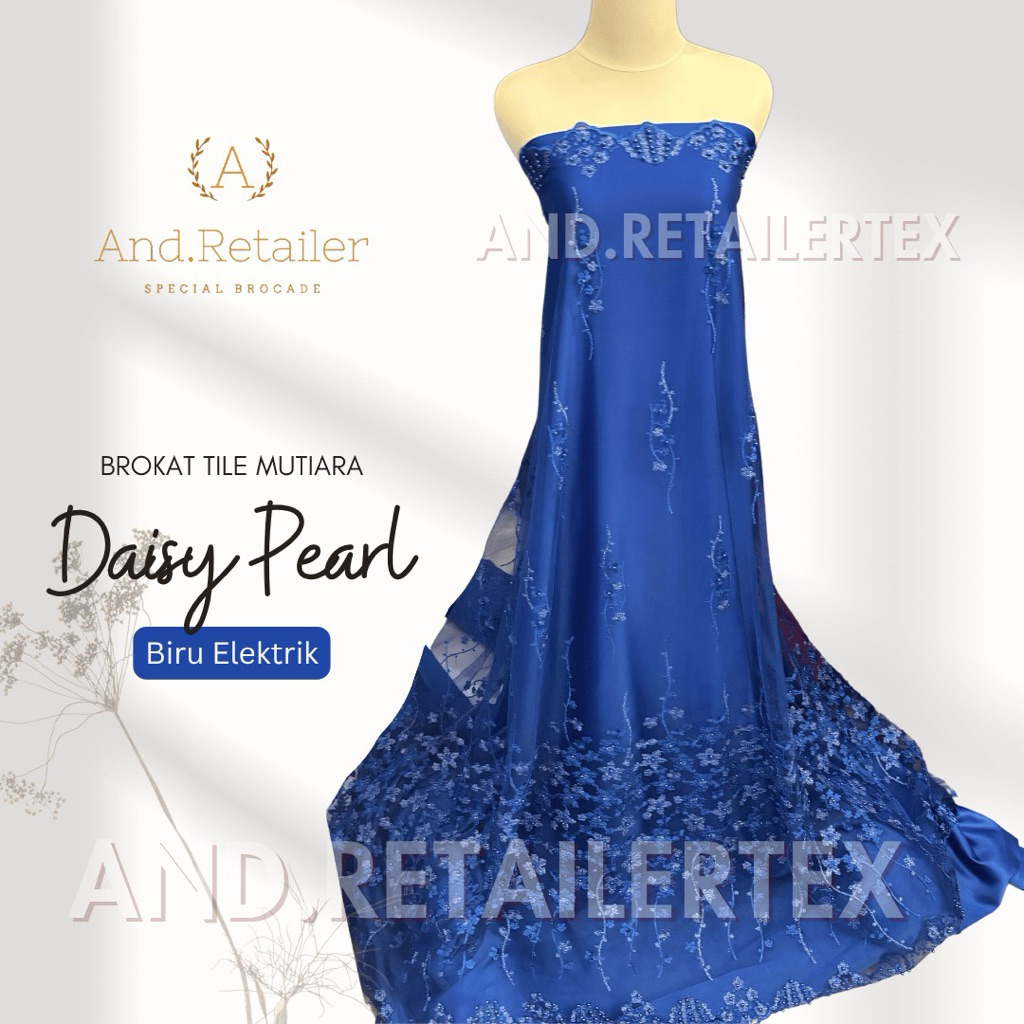 Bahan Kebaya/Gamis/Tunik/Dress Kain Brokat Tule Bordir Mutiara Daisy PearL Warna Biru Benhur/Biru BC