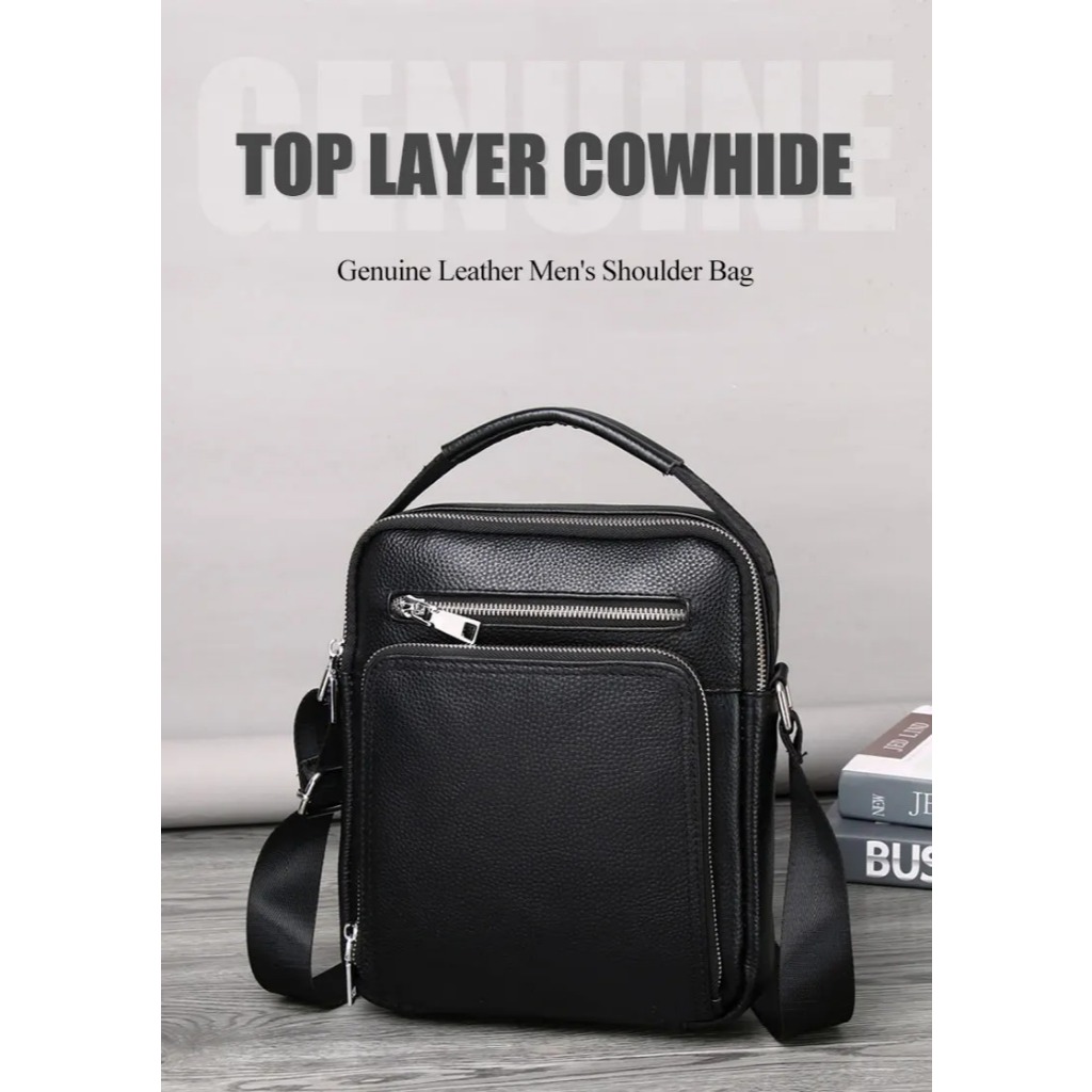 Tas Selempang Pria Kulit Asli Garut Tas Messenger Hitam Kulit Sapi untuk iPad Tas Tangan Pria Ukuran