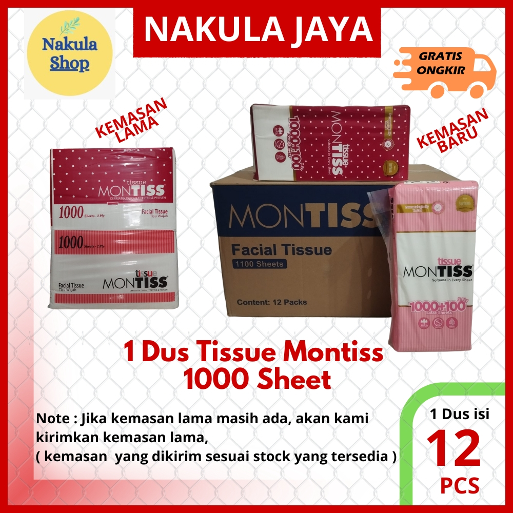 GROSIR 1 DUS Tissue Tissu Tissu Montiss 1000 - 2 Ply (1 Karton 12 Pack)