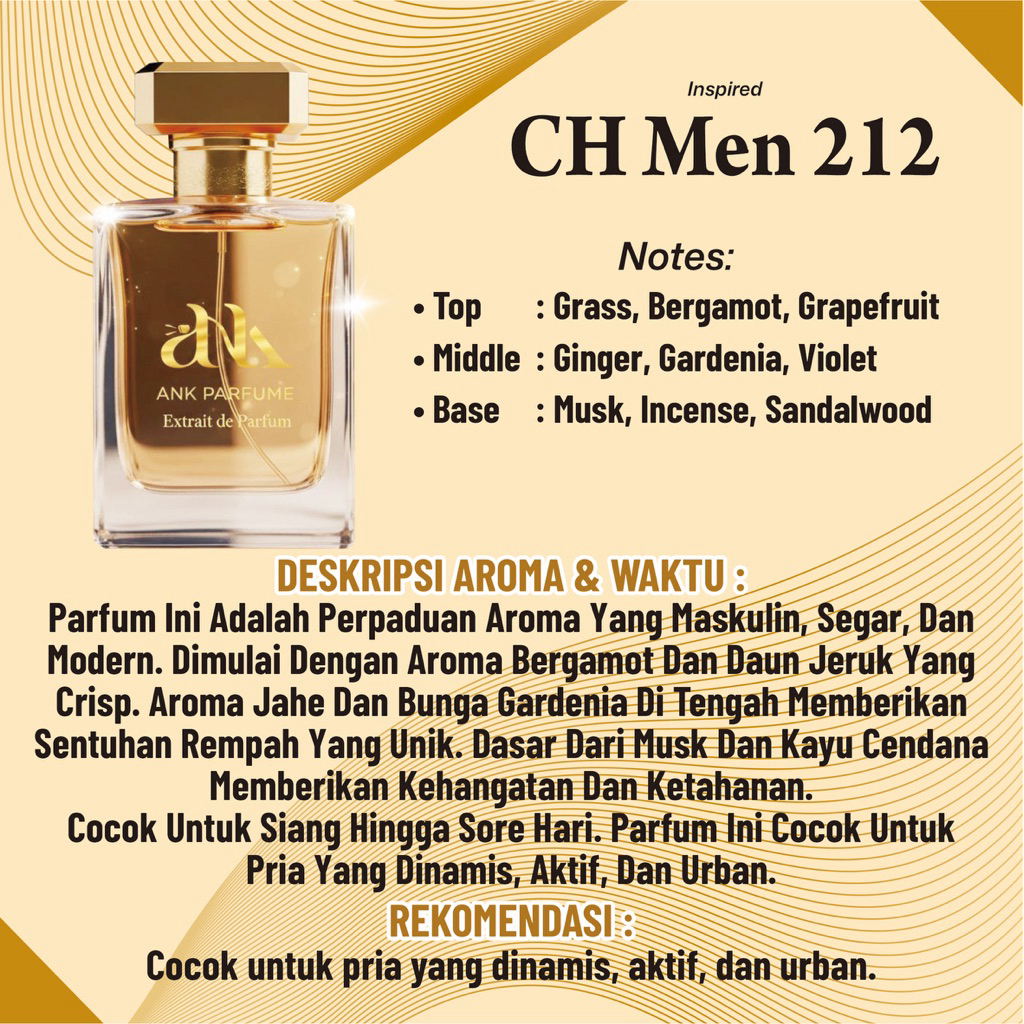 Inspired parfume CH MEN 212 (Extrait de Parfume) kemiripan aroma 90% dengan original By. ANK PARFUME