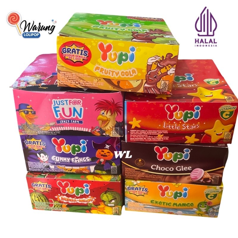 Yupi 24 x 6gr – Gummy Fangs, Wotta Melon, Little Stars, Fruity Cola, Exotic Mangga, Choco Glee, Craz