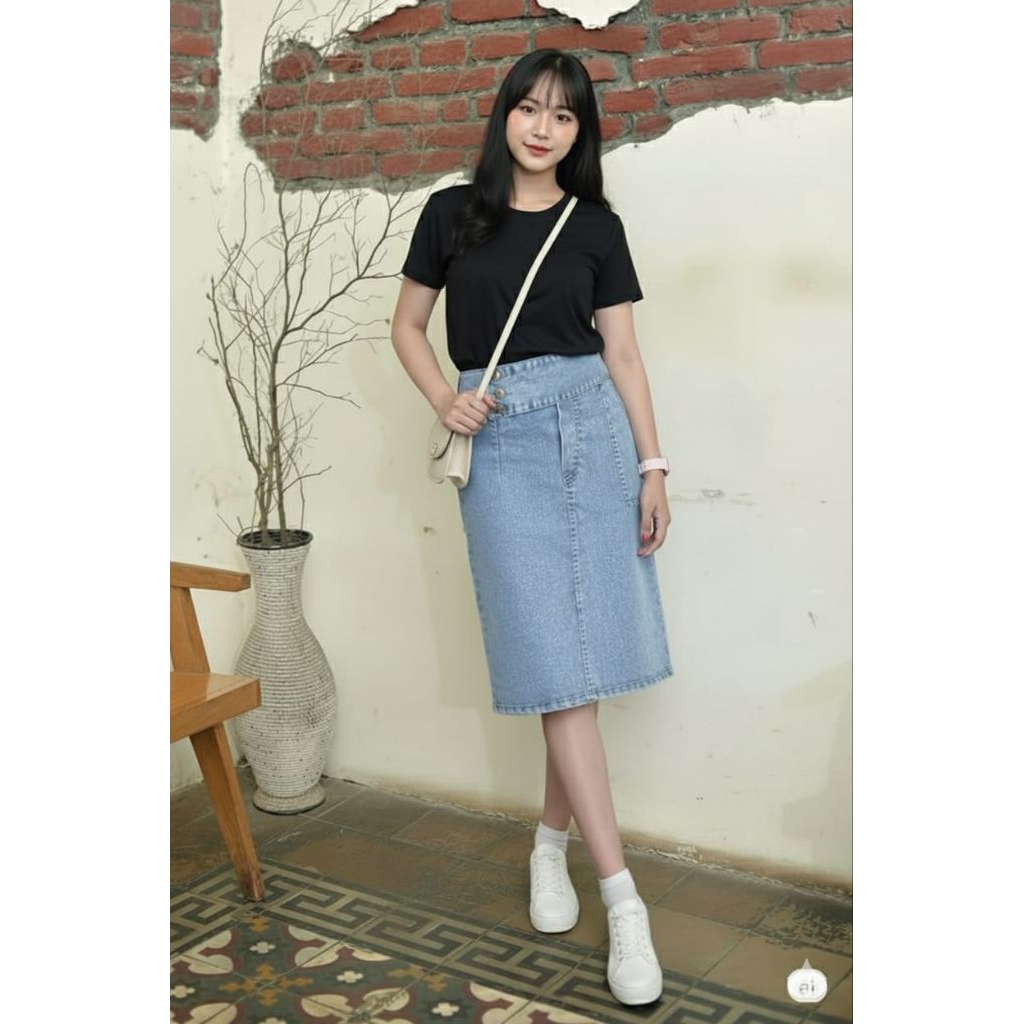 rok jeans span stretch dengan fariasi kancing 3 samping
