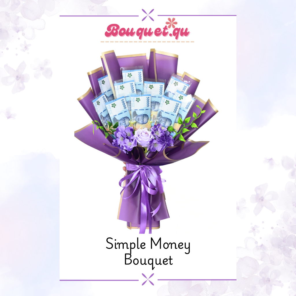 Simple Money Bouquet Uang Kosong/Uang Mainan (Buket Uang Simpel dan Bunga) Wrap Warna Ungu Gold Line