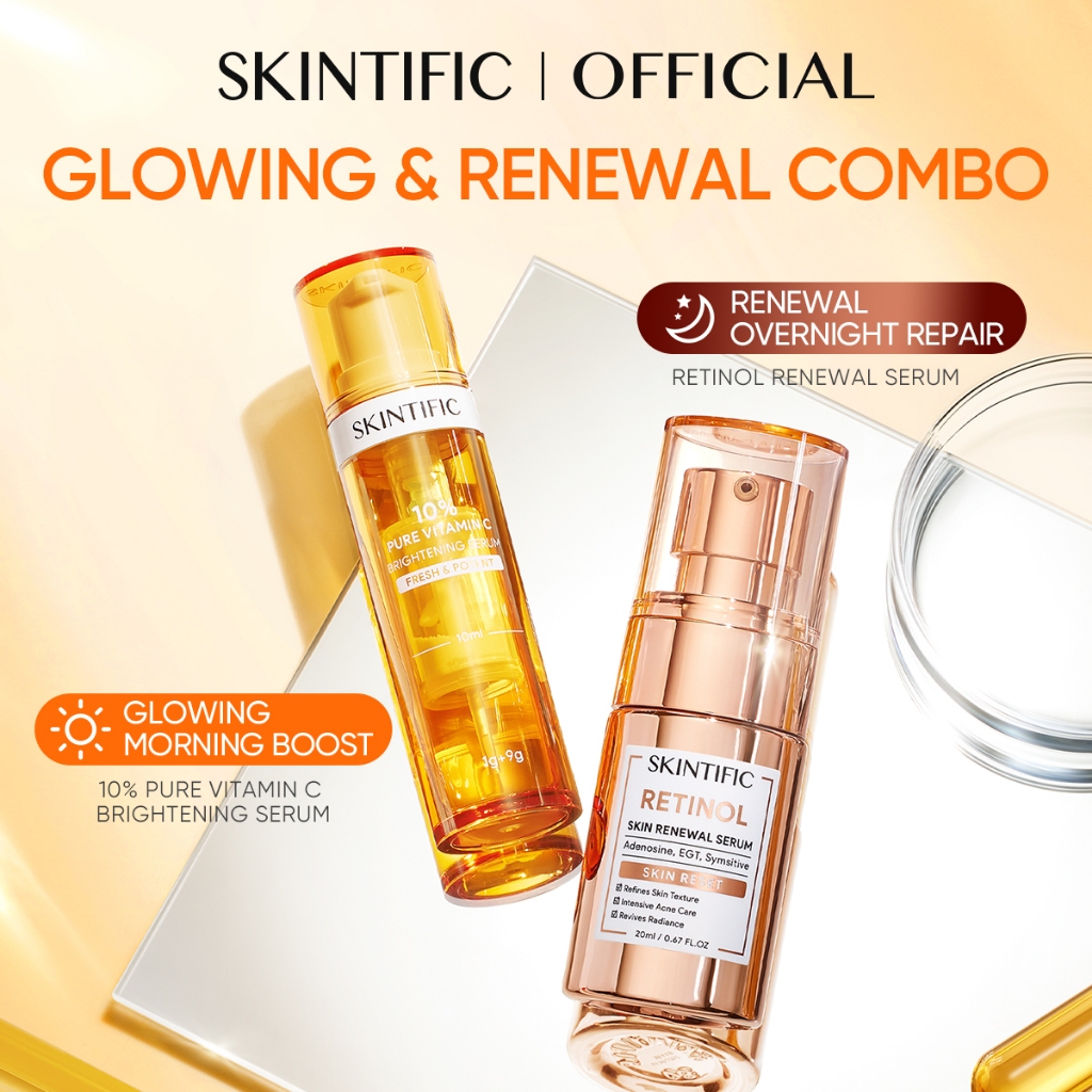 SKINTIFlC -DAY&NIGHT Serum Combo VITAMIN C FRESH BRIGHTENING SERUM+ RETINOL RENEWAL SERUM| Mencerahk