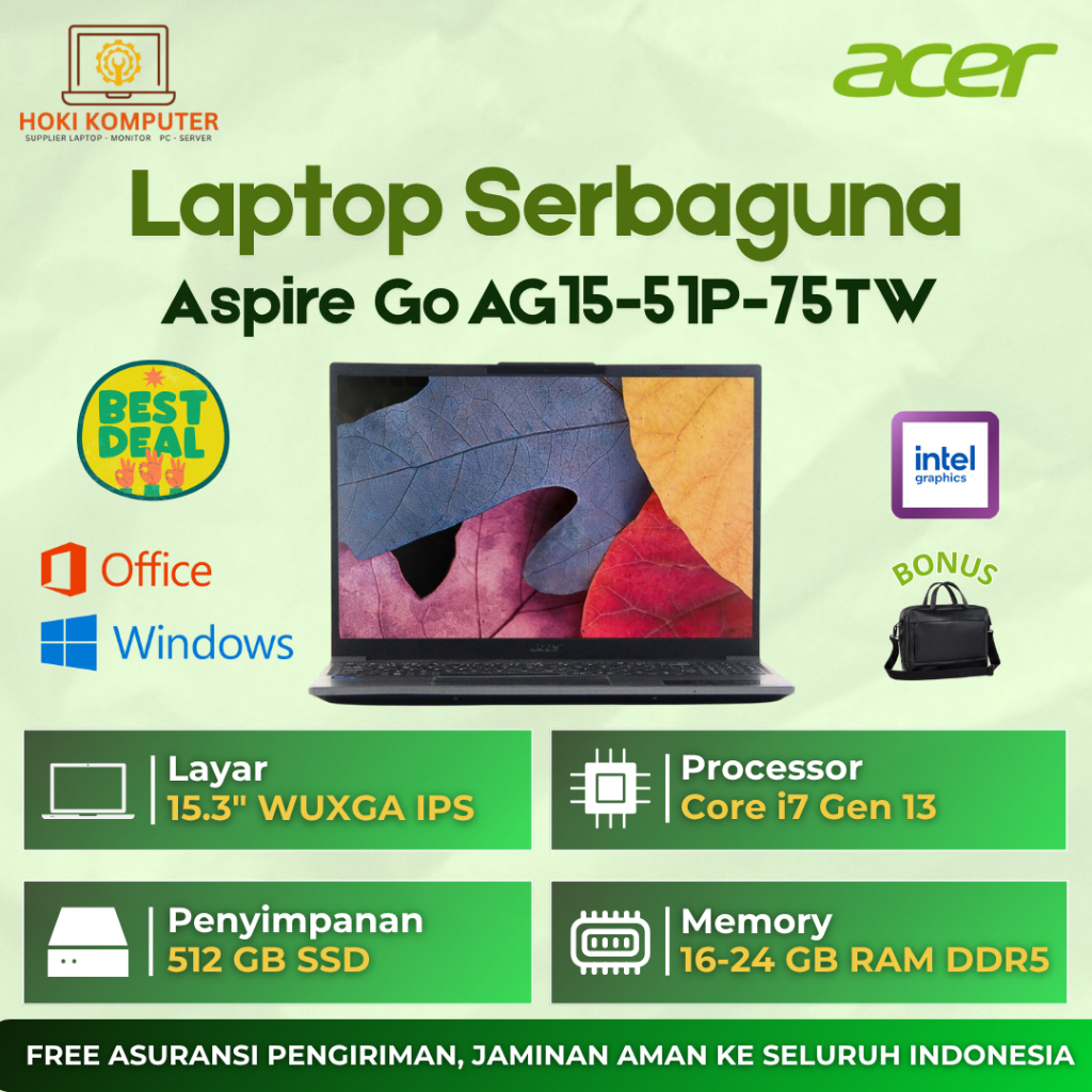 Laptop Acer Aspire Go 15 - 75TW Core i7 - 1355U Ram 32GB Ssd 512GB 15,3" IPS - Laptop Kantor Kuliah