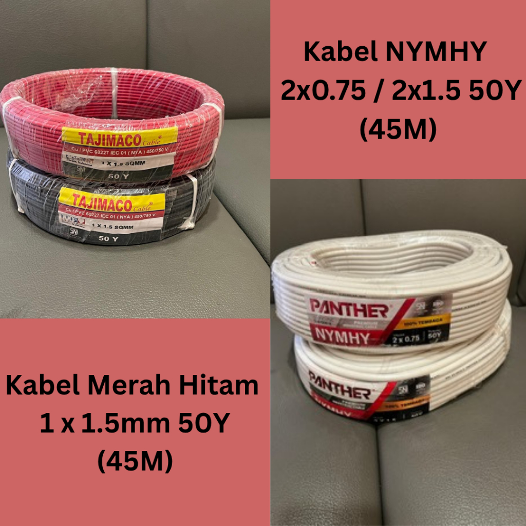 Kabel Serabut NYMHY Panther 2x0.75 2x1.5 Kabel Tunggal Merah Hitam Tajimaco NYA 1x1.5 untuk Listrik