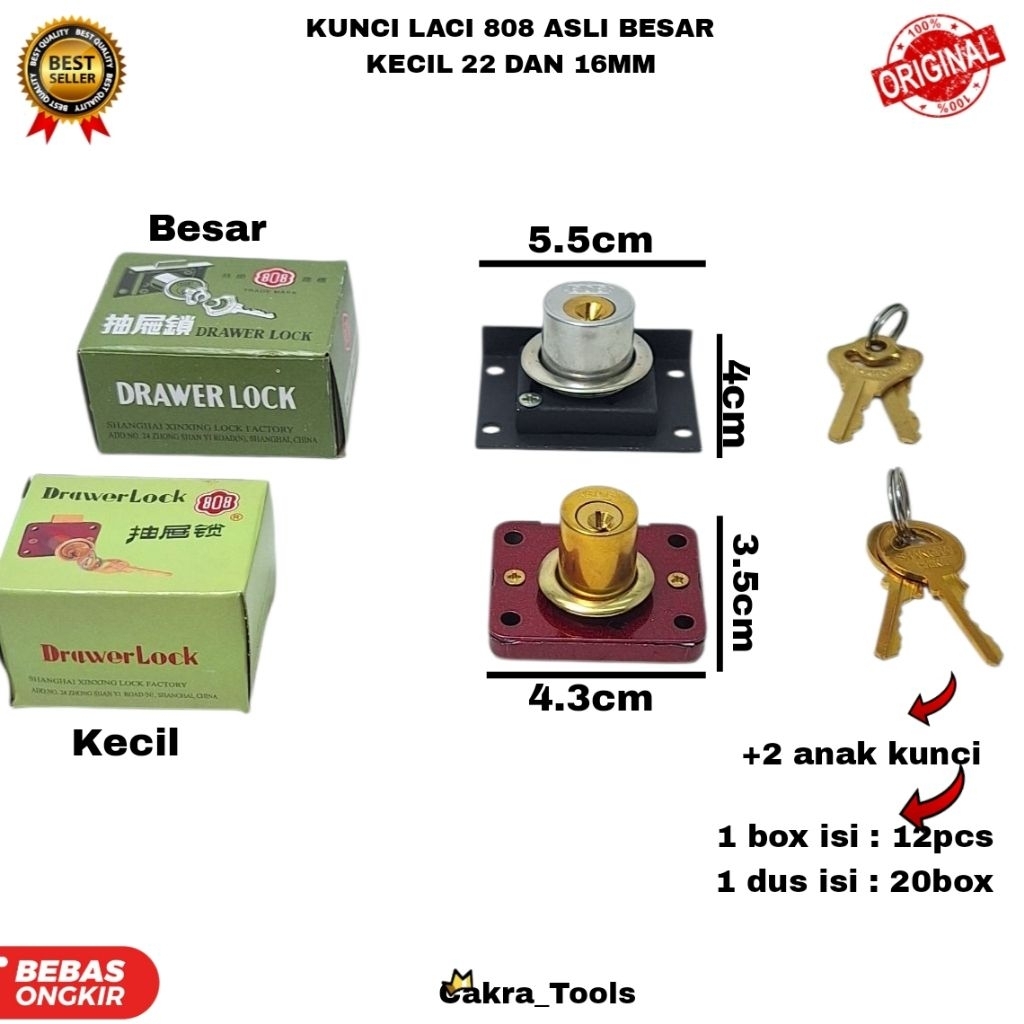 KUNCI LACI LEMARI LOKER 808 ASLI BESAR KECIL / KUNCI LACI 22 MM 16 MM