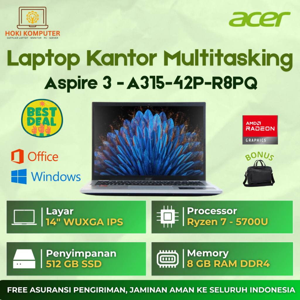 SALE Laptop Acer Aspire 3 A314 - R8PQ AMD Ryzen 7 5700u Ram 8GB Ssd 512GB 14" IPS - Laptop Acer Ryze