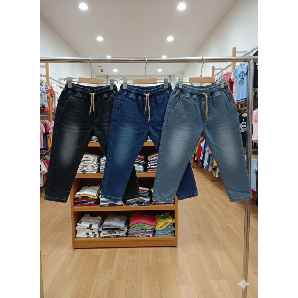 Celana Panjang Anak Cowok Denim Wash 3-11 Tahun | Celana Harian Santai Pinggang Karet | Celana Jeans