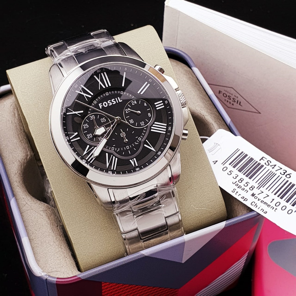 Jam Tangan Pria FS-4736 FS4736 Chronograph Black Dial Silver Steel