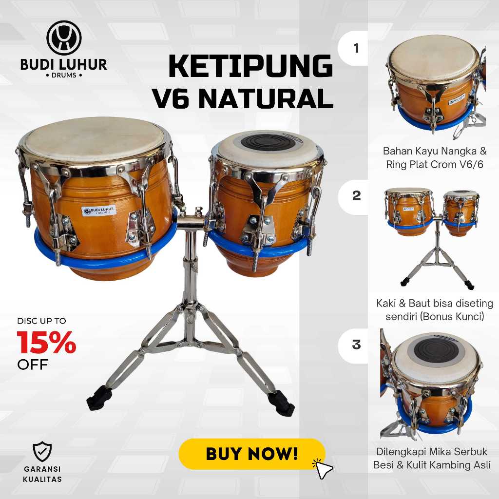 Kendang Ketipung V6 Natural Ring Crom Kempul Dangdut Koplo Kayu Nangka Standar Pemain Premium Fulset