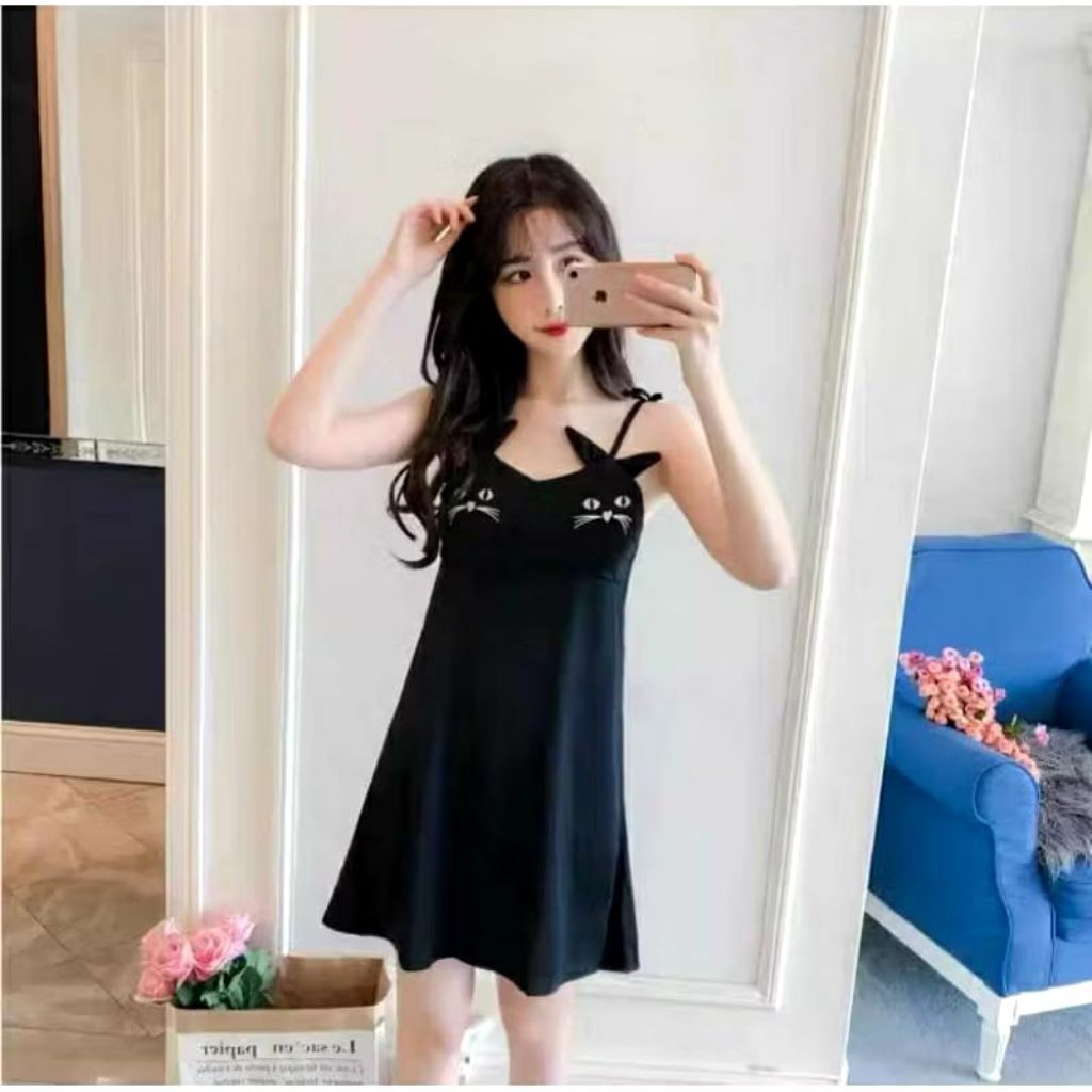 Daster miaw tali satu kecil seksi  baju tidur karakter lucu wanita