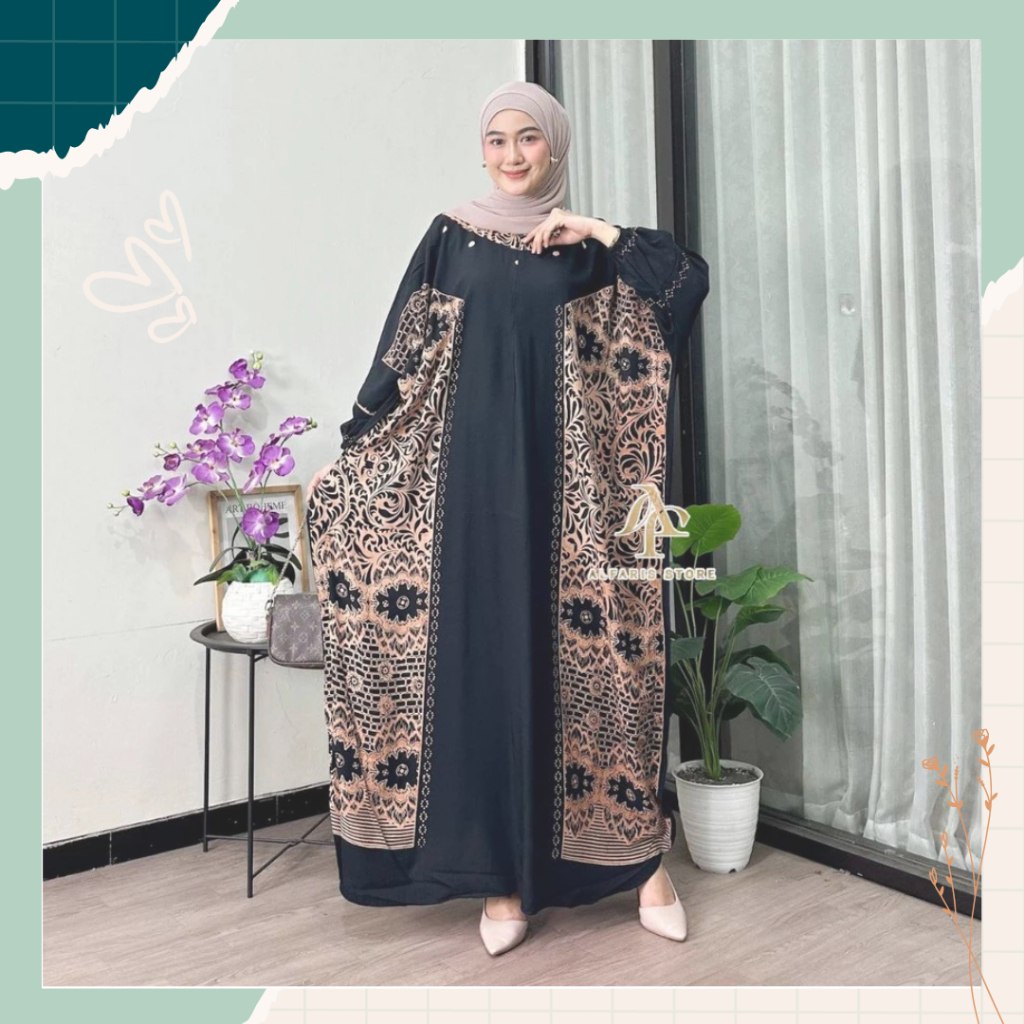 Kaftan Rebecca Dress Daster Rayon Premium Ringan Lembut Rempel Busui Lengan Panjang Homedress Motif 