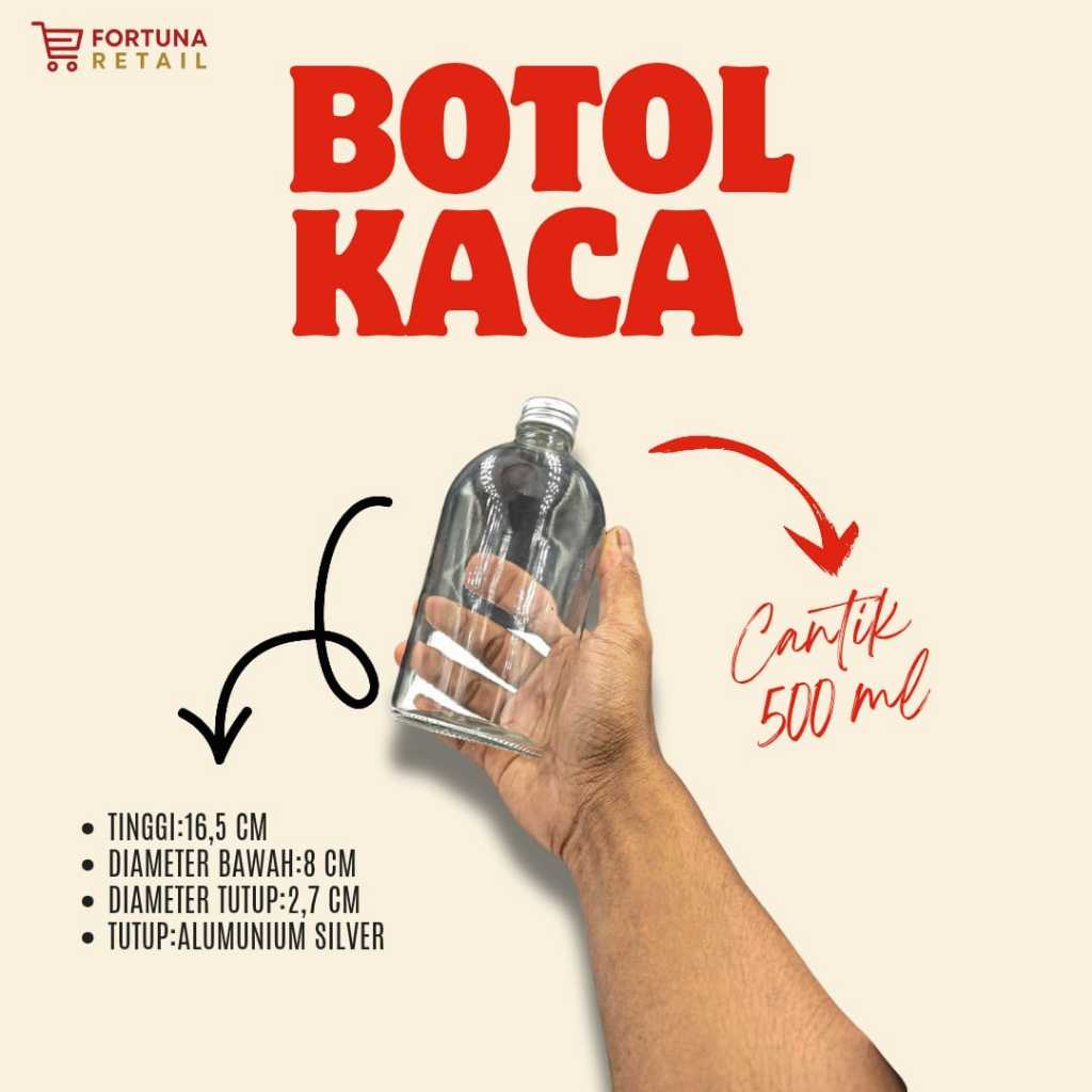 BKC 500 ML/BOTOL KACA CANTIK 500 ML/BOTOL KACA SUSU 500 ML/TUTUP ALUMUNIUM SILVER