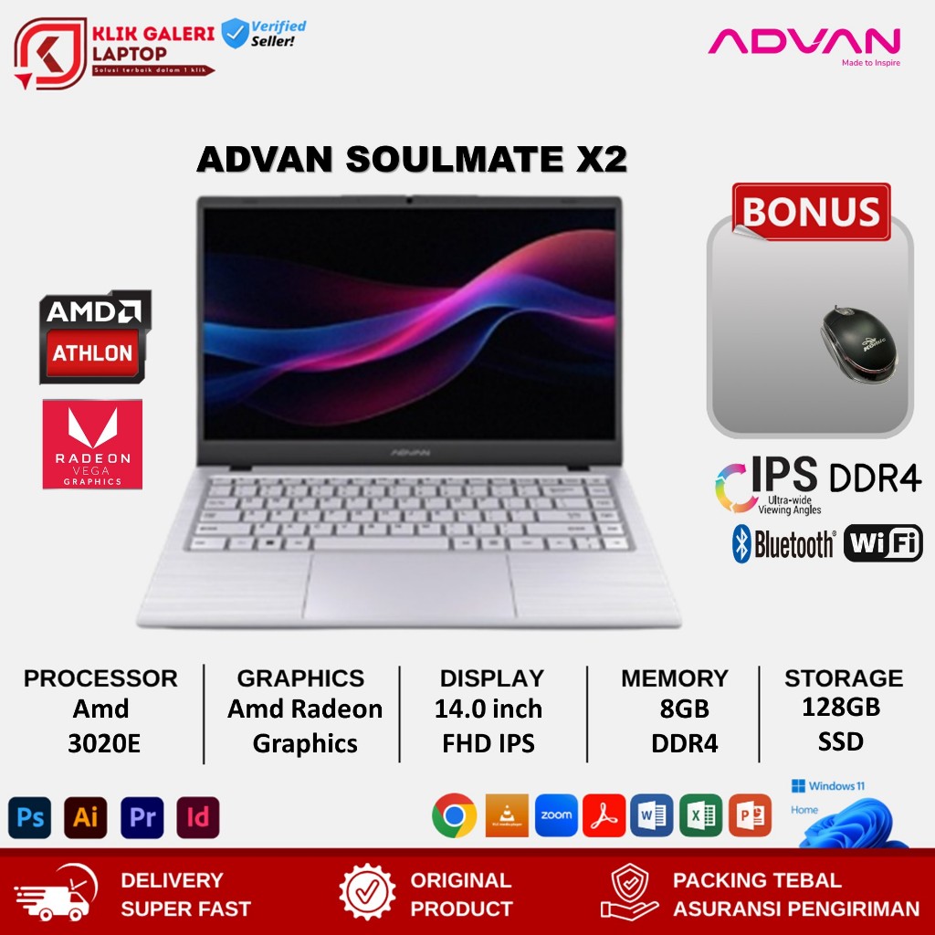 Advan Soulmate X2 Amd 3020e 8gb 128gb 14.0 FHD IPS Windows 11 Home White & Blue