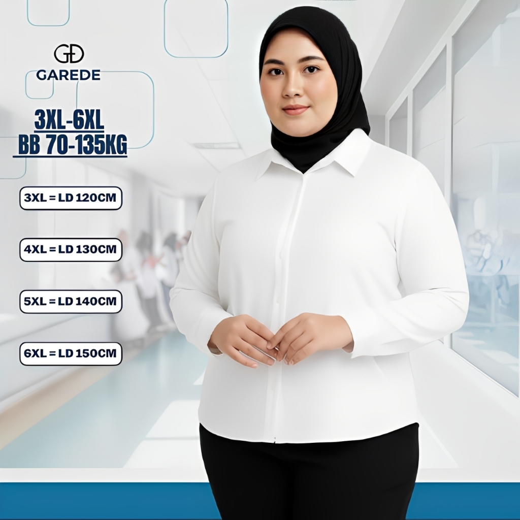 Garede - Kemeja Putih Wanita Jumbo Lengan Panjang Polos Kerja Formal Rayon Jumbo LD 120 130 140 150