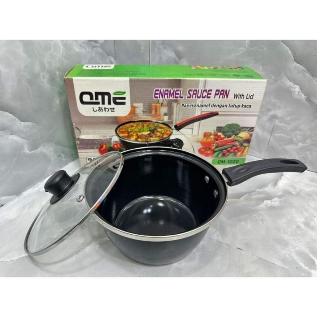 Panci Kuah Gagang Panjang Enamel Tutup Kaca / Panci Enamel Sauce Pan 20cm QME / Panci Kuah QME