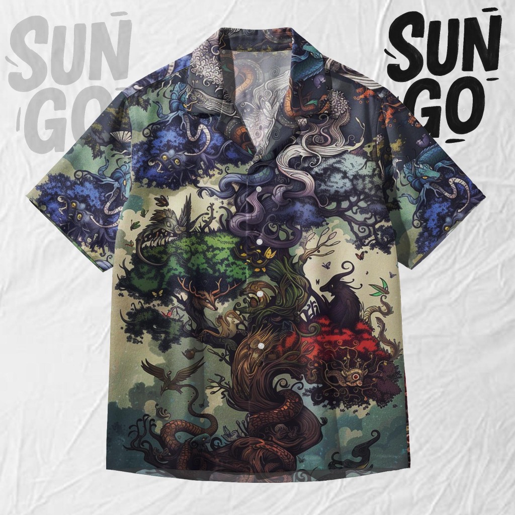 SUN GO Kemeja Pria Dark Fantasy – Atasan Motif Mitologi Lovecraft Keren | SG161