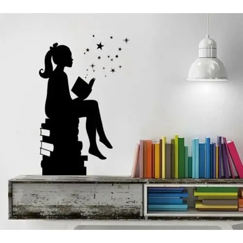 Stiker Dinding Ajaib untuk Anak Perempuan Membaca Buku, Stiker Seni Vinyl untuk Kamar Tidur, Ruang K