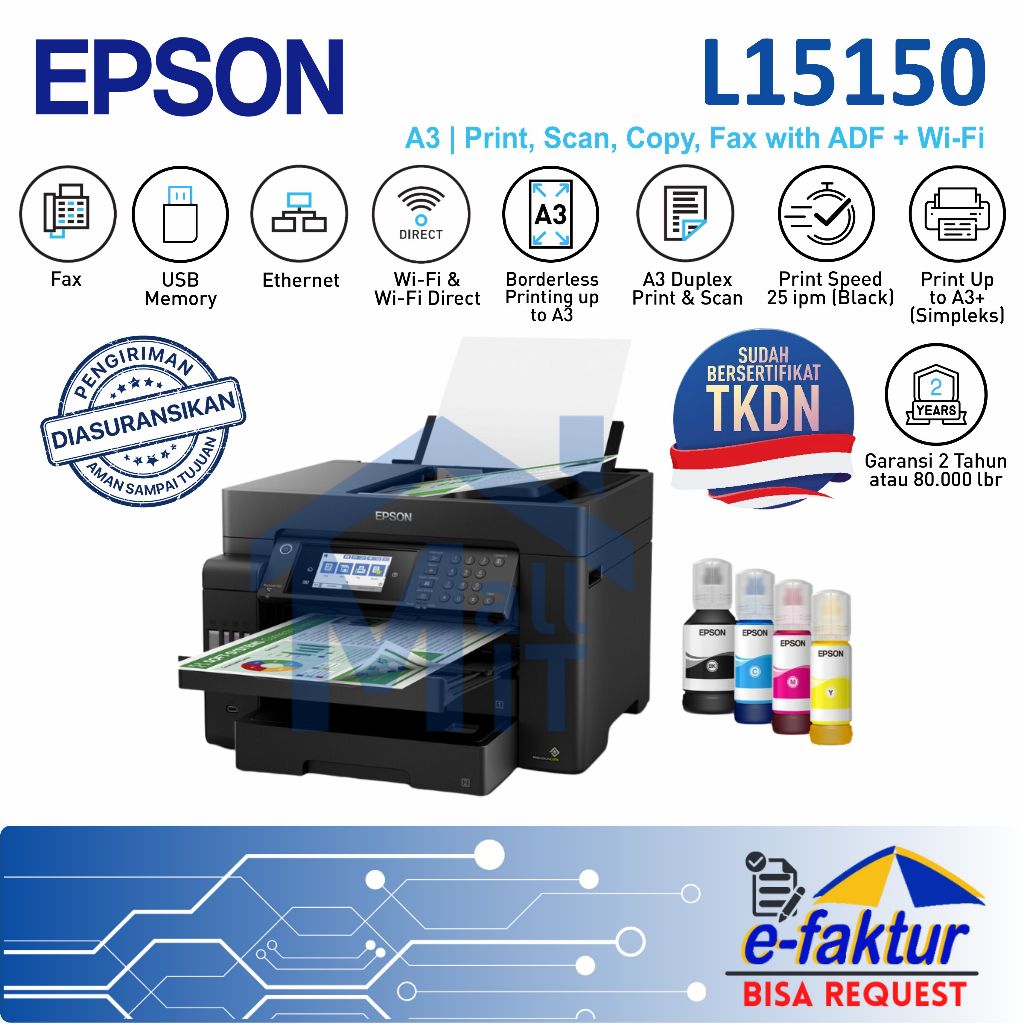 MALLIT EPSON Printer Epson L15150 L-15150 L 15150 A3 Duplex Pigment Print Scan Copy Resmi Medan