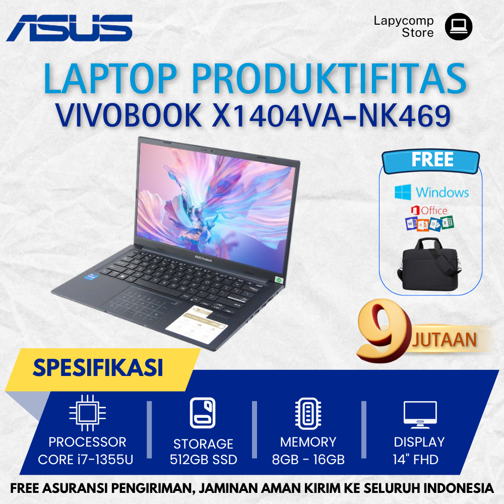 TERBARU Laptop Core i7 Asus Vivobook X1404VA - NK469 Core i7-1355U Ram 8GB Ssd 512GB 14" FHD Numpad