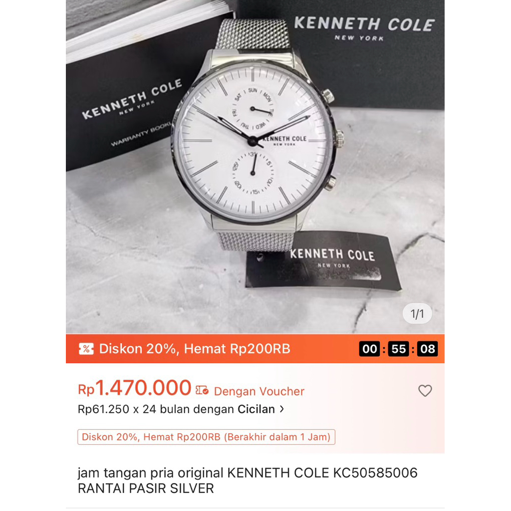 Jam tangan pria ORIGINAL (KENNETH COLE) Rantai Pasir Silver